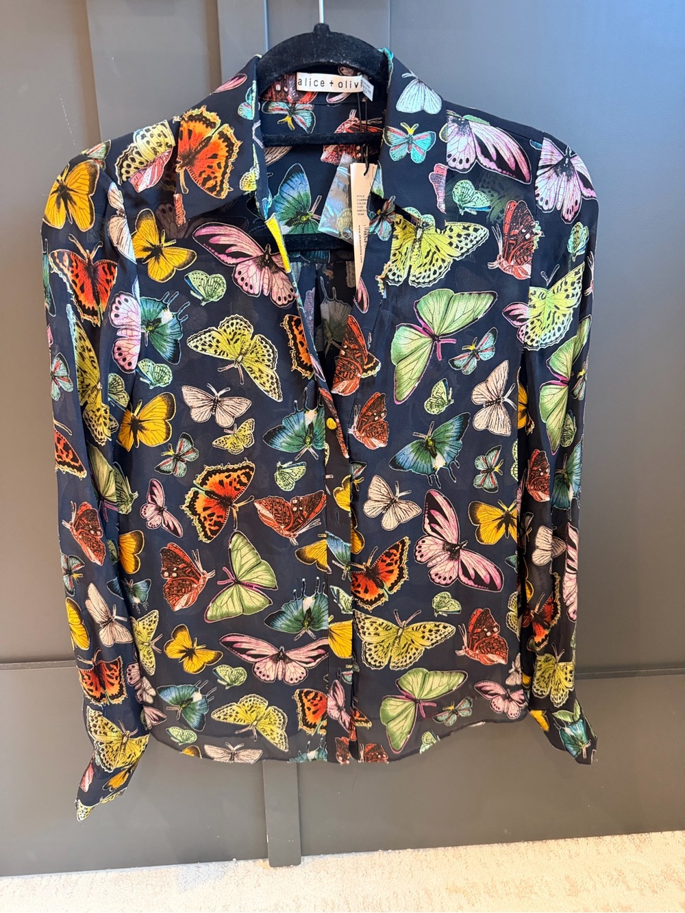 Alice + Olivia Navy Button-Up Shirt with Multicolor Butterfly Print